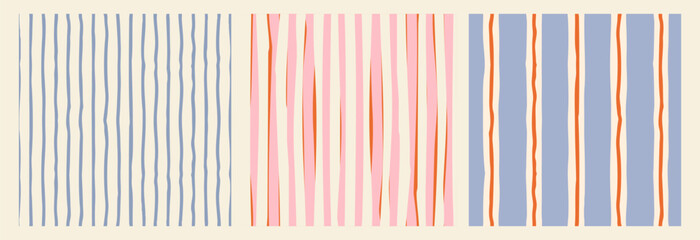 Set of seamless abstract stripe patterns with hand-drawn vertical lines. Modern decorative vector backgrounds with irregular organic stripes in soft colors. Suitable for textile, packaging, wallpaper, © bosotochka
