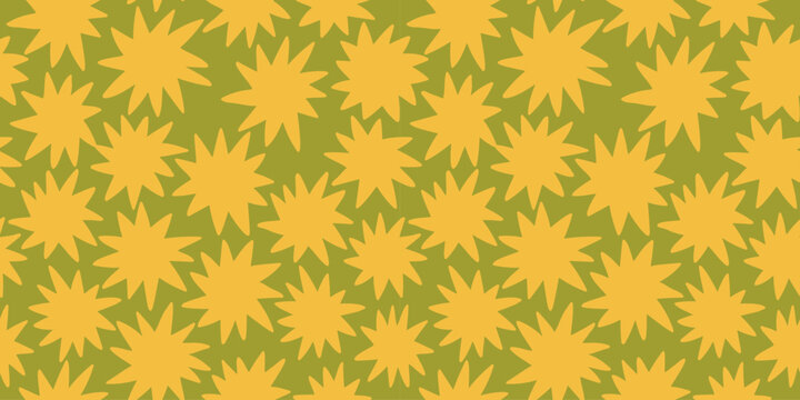 Colorful abstract starburst seamless pattern in modern playful style, perfect for textiles, wallpapers, packaging, and creative surface design.
