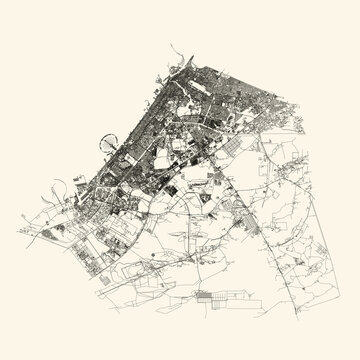 City street map of Dubai, United Arab Emirates (UAE) in black and light beige. High resolution full frame minimalist poster style road map or urban street plan of Dubai. Vintage look.