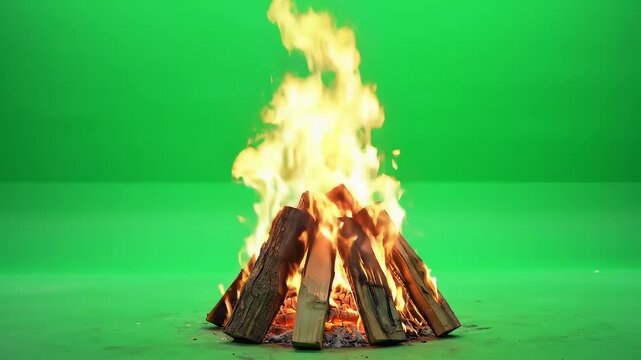 Burning wood logs on green screen
