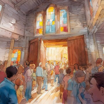 people gathering at sunlit church entrance