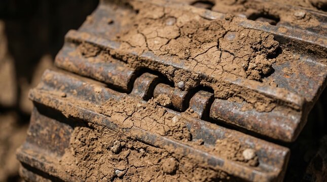 Detail of heavy machinery tracks covered in dried mud. Close up of bulldozer crawler tracks with cracked earth texture. Industrial equipment wear and tear