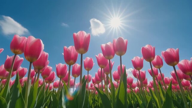 Pink Tulip flowers field against blue sky, part 4
