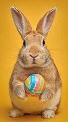 Obraz premium Springtime cheer: playful bunny with easter egg on a bright card. Surreal portraits. Charming multicolor bunny holding easter egg against solid background. Vibrant expression.
