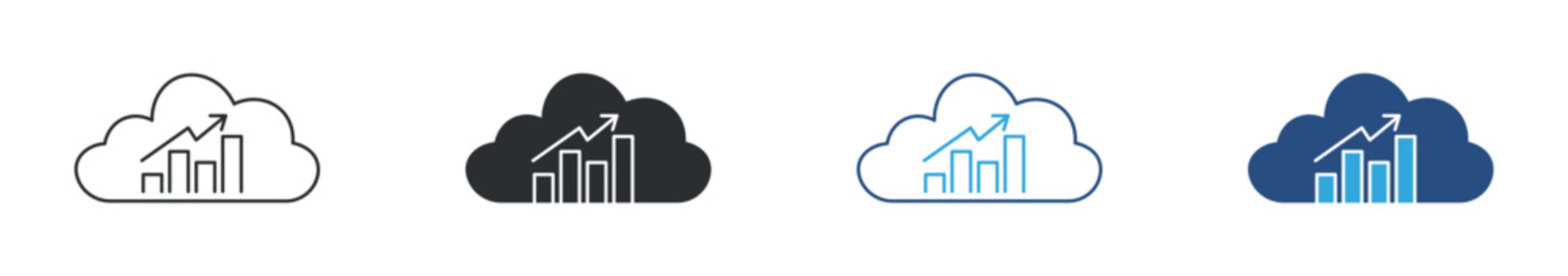 Cloud analytics and data growth icon set. Business statistics, performance chart and cloud computing concept. Vector illustration.
