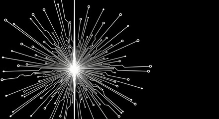 Fototapeta premium Abstract starburst of digital circuit lines and nodes against black