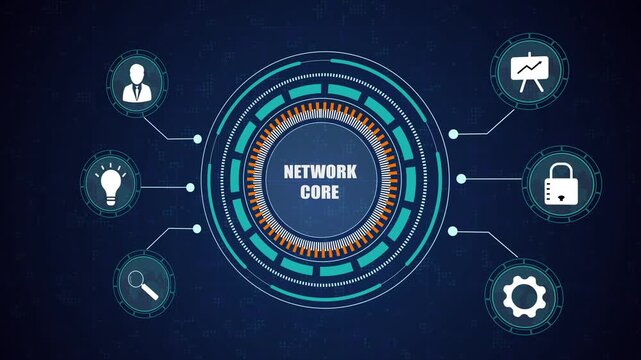 Global network core infrastructure, central data hub connecting digital security icons, business analytics, human profile, and cloud technology.