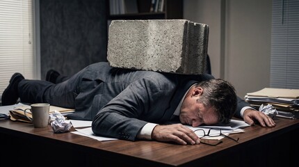 Obraz premium Businessman Crushed By Heavy Stone Symbol Of Work Stress And Pressure