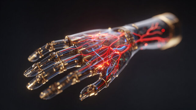 Transparent robotic hand with visible neural connections, representing advanced prosthetics, bioengineering, and futuristic medical innovation.