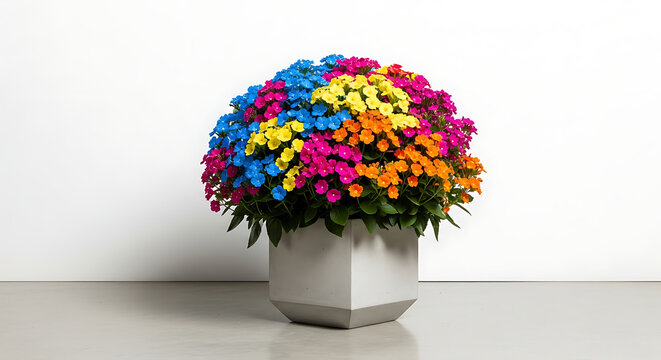 A vibrant and colorful arrangement of mixed phlox flowers planted in a modern gray stone planter