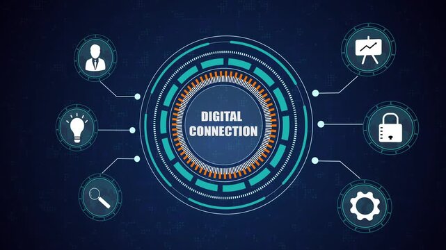 Digital connection through futuristic technology interface, Abstract network communication with data icons, Global cloud computing and security system.