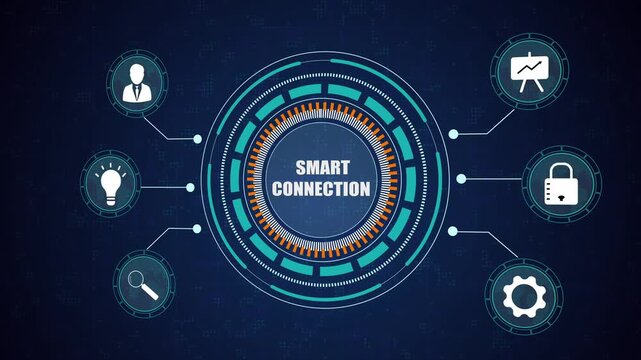 Smart connection technology and digital global network communication. Innovative business interface with data security and cloud computing icons.