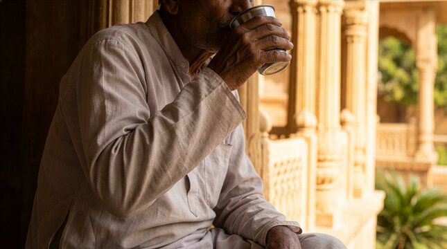 Senior Indian man drinking from steel tumbler in shade of traditional Haveli architecture