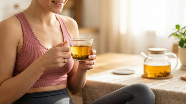 Woman in fitness wear drinking herbal tea for wellness and healthy lifestyle recovery