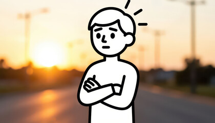Fototapeta premium A boy stands on a road, looking concerned as the sun sets behind him. The sunset creates a warm glow while the boy's expression shows deep contemplation.