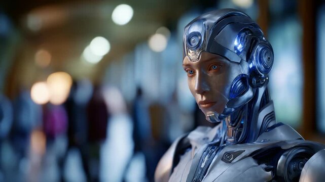 A stray glimpse of an advanced humanoid robot characterized by sleek metallic design, glowing circuitry, and an expressive face in a bustling environment.