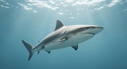 Fototapeta premium Majestic grey shark swimming gracefully in sunlit ocean waters, showcasing marine wildlife and the beauty of underwater predators