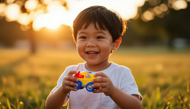 A boy enjoys playing with a toy car in a grassy field during sunset. The boy smiles widely as the warm sunlight casts a glow around him.