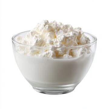 Isolated glass bowl of cottage cheese with kefir drink healthy dairy food concept