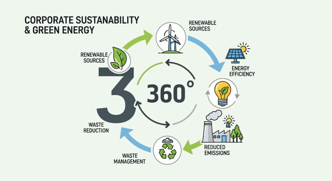 Eco-friendly business sustainability, green energy, and renewable sources, corporate environmental responsibility, 360 degree approach