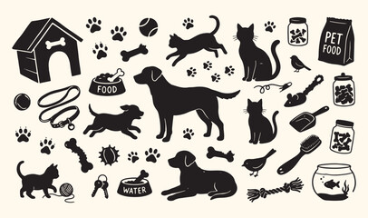 Domestic pets dogs cats silhouette, animal lover veterinary clinic icons, pet care grooming supplies set, paw prints animal welfare vector, dog walking pet ownership art, kitten and puppy animal silho © dhruvik
