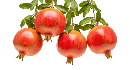 Obraz premium Four red pomegranates hanging from a tree branch