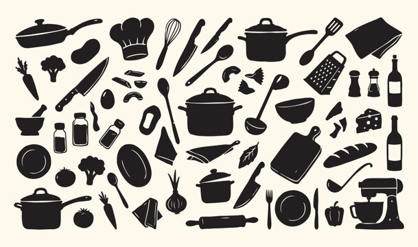  Kitchen utensils cooking tools silhouette, culinary arts restaurant equipment icons, homemade meal preparation supplies set, chef tools kitchenware cooking art, healthy food recipe preparation vector