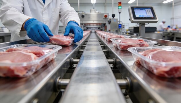 Worker packaging raw meat on conveyor line in modern food processing factory with hygiene and quality control.