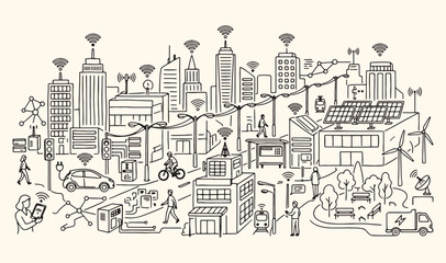 Fototapeta premium Smart city technology urban connectivity, modern metropolitan infrastructure doodle art, digital city life automation icons, wireless network global communication set, urban planning city development 