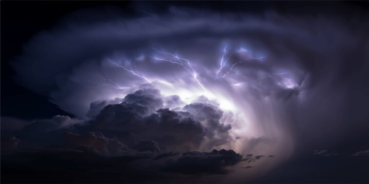 A dark night sky reveals a distant planet through a storm of clouds where moonlight breaks the atmosphere over a blue landscape