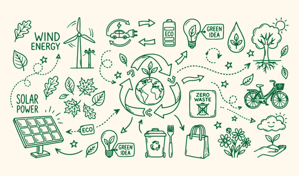 Green energy environmental sustainability doodle, eco friendly renewable power icons, nature conservation recycling ecology set, global warming solution climate action, organic farming clean energy ve