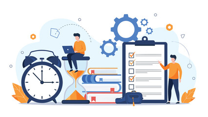 Naklejka premium Overwhelmed student managing deadlines and academic tasks near a giant alarm clock, hourglass, and a long document checklist.