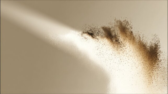 Intense light beam illuminates dark particulate matter scattering across a muted background