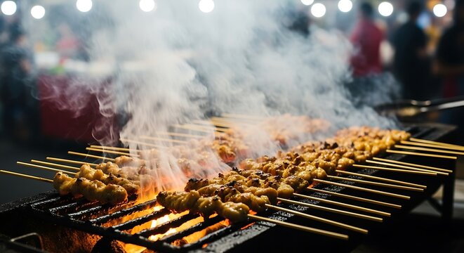 Smoky traditional satay skewers grilling over hot charcoal at a night market.
