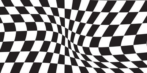 Obraz premium Distorted checkered pattern black and white background design - wavy effect illusion modern vector