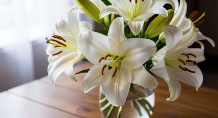 Fototapeta premium White Easter lilies in glass vase, symbol of purity and resurrection