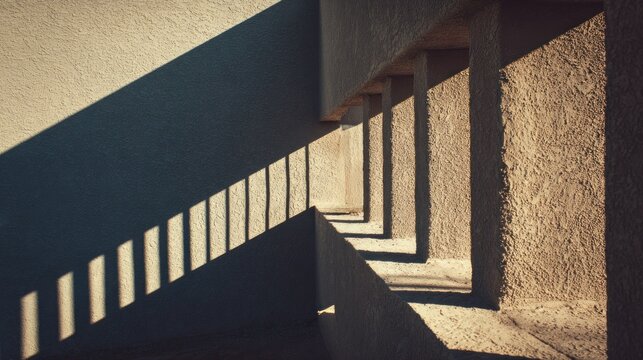 Strong sunlight casts dramatic geometric shadows across a textured exterior wall.