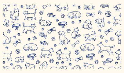 Cute pets and domestic animals doodle, hand drawn dogs and cats pattern, puppy and kitten playing sketch background, animal care and pet shop icons, playful domestic pets vector line art, veterinary c © dhruvik