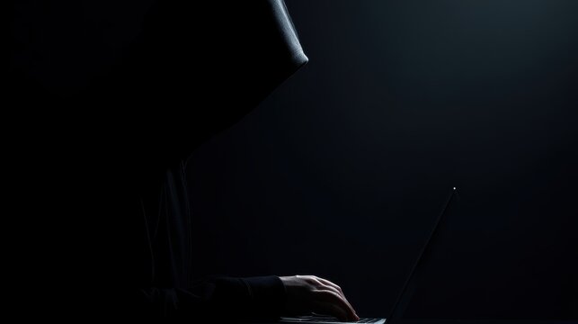 anonymous hacker working on laptop in dark office