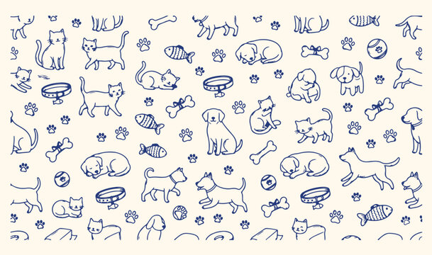 Cute pets and domestic animals doodle, hand drawn dogs and cats pattern, puppy and kitten playing sketch background, animal care and pet shop icons, playful domestic pets vector line art, veterinary c