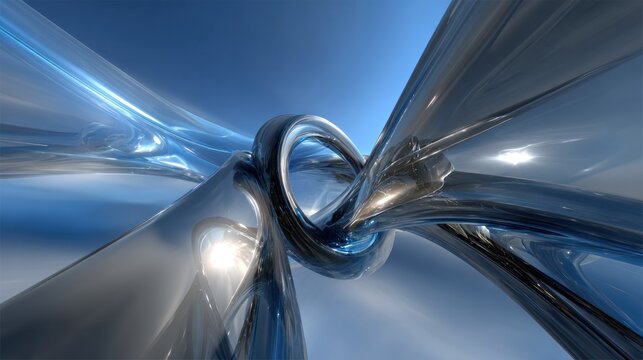 Highly reflective, interwoven abstract forms curve across a bright blue background.