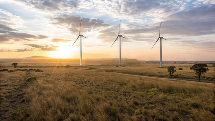 Obraz premium Wind turbines in dry grassland at sunset, renewable energy generation in rural landscape, sustainable power concept, eco friendly electricity production, climate change solution