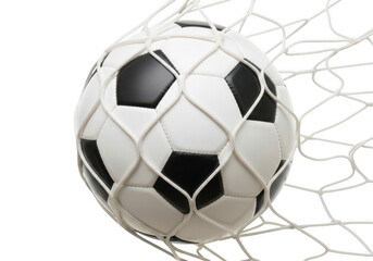 Fototapeta premium A classic black and white soccer ball partially submerged in a net on transparent background