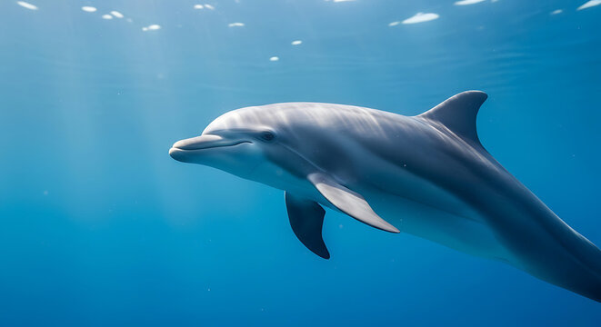 A majestic dolphin glides through the clear blue ocean water, illuminated by sunbeams