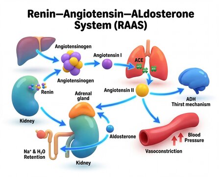 Detailed medical diagram illustrating the Renin-Angiotensin-Aldosterone System's essential role in human blood pressure regulation and fluid homeostasis