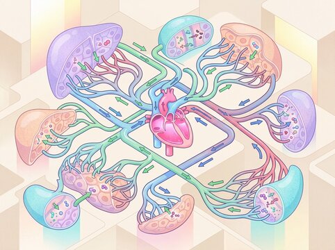 Diagram of the Human Circulatory System showing the heart and blood vessels with oxygenated and deoxygenated blood flow