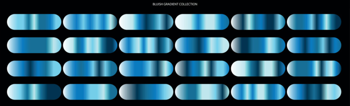 Blue gradient collection with 24 metallic swatches, shiny azure chrome texture set, professional vector color palettes for UI design and web buttons