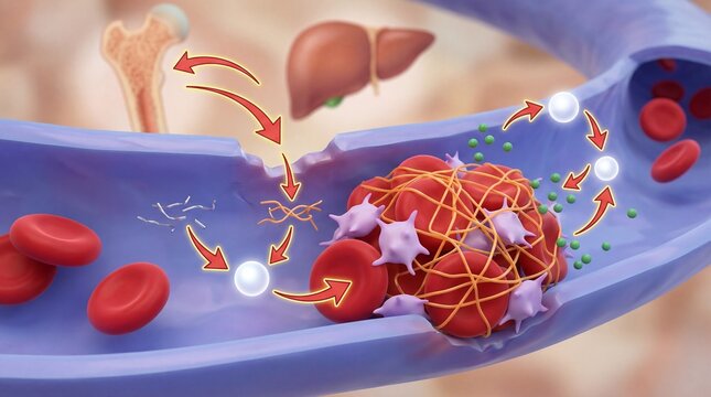 Medical illustration of blood clot formation and thrombosis within a vessel, detailing platelet aggregation and fibrin mesh development process