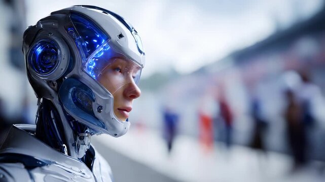 Futuristic Close-Up of a Sophisticated Humanoid Robot with Luminous Features and High-Tech Design, Set Against a Blurred Background of Human Activity