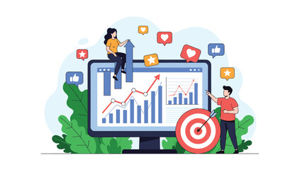 Naklejka premium Social media growth analytics showing people on a monitor with rising charts and various reaction icons.